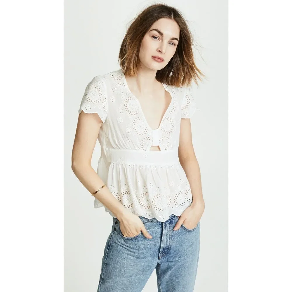 New! FREE PEOPLE Truly Your Eyelet Cutout Peplum Top Blouse Size Small Ivory